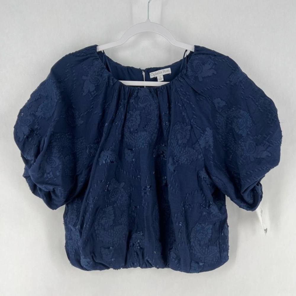 Ophelia Roe Navy Textured Floral Paisley Puff Sleeve Cropped Blouson Top‎